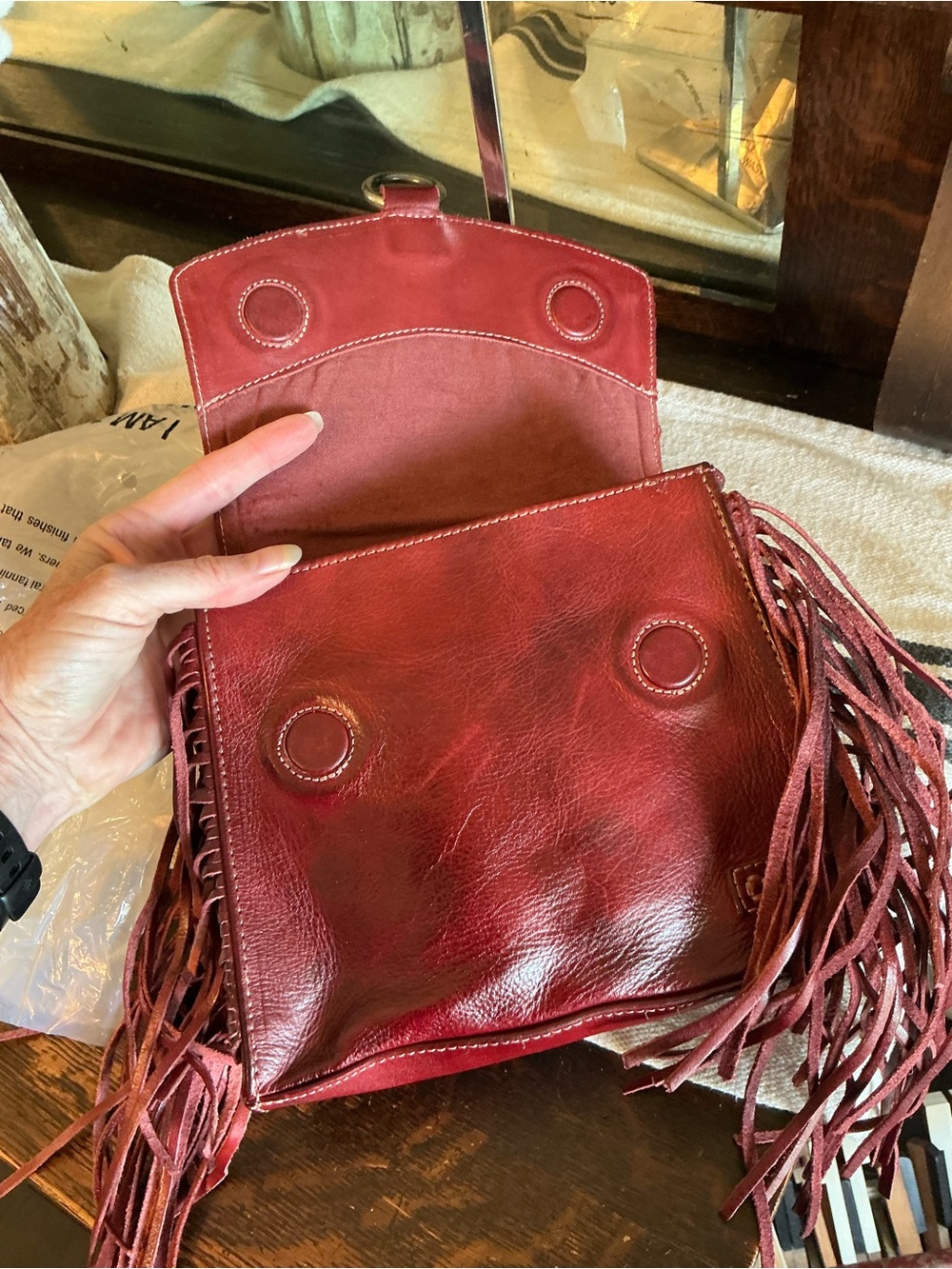 NWT Bed Stu Fringe Leather Hidden Crossbody Bag Handbag Cherry Lacquer MSRP $249 - Picture 9 of 14